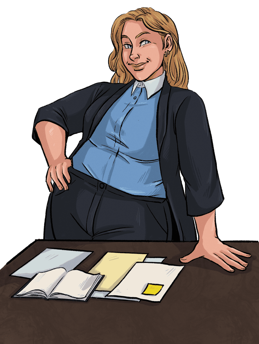 Illustration of a woman behind a desk with paperwork