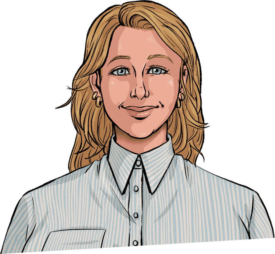 Illustration of a woman behind a desk with paperwork